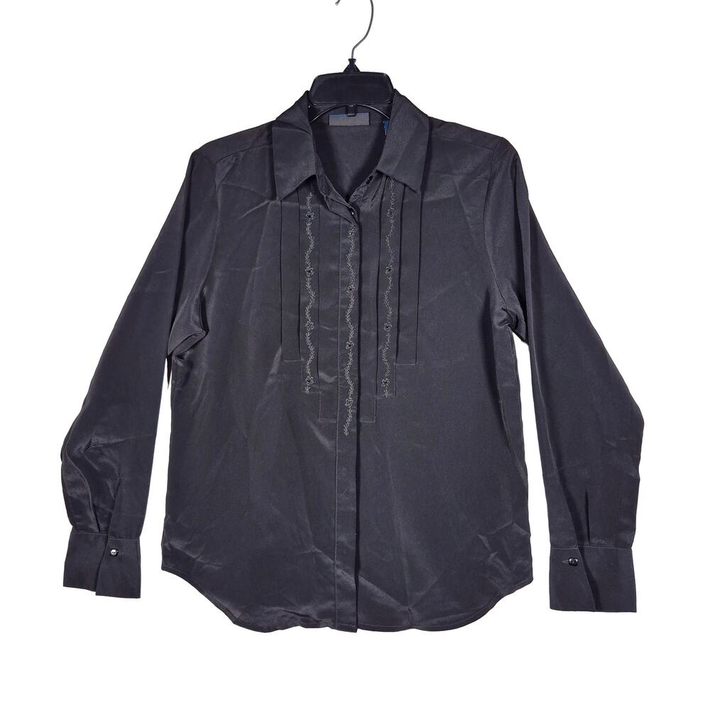 Karen Scott Black Pleated Front Long Sleeve Button Down Blouse Womens size Small